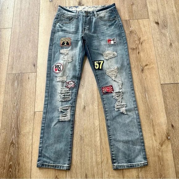 SoSoo Men's Distressed Patchwork Medium Wash Denim Jeans Size 31 GUC - Picture 2 of 10